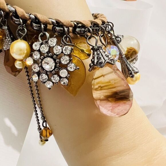 Art Glass Dangle Charm Bracelet Faux Pearl Leather Rhinestone Dangle Earth Tone - Picture 3 of 13